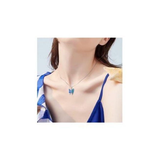 MBSUUH Women Blue Silver Flower Butterfly Necklace - Picture 3 of 5
